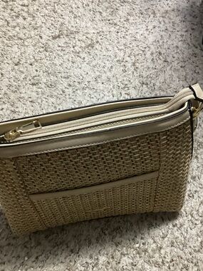 Simply Noelle Beige Woven Crossbody Bag with Gold Hardware 11 x 9
